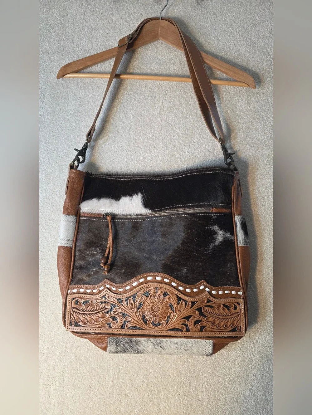 Myra Leather Hide-On Tooled Leather Shoulder Bag Crossbody Western Boho OS NWOT